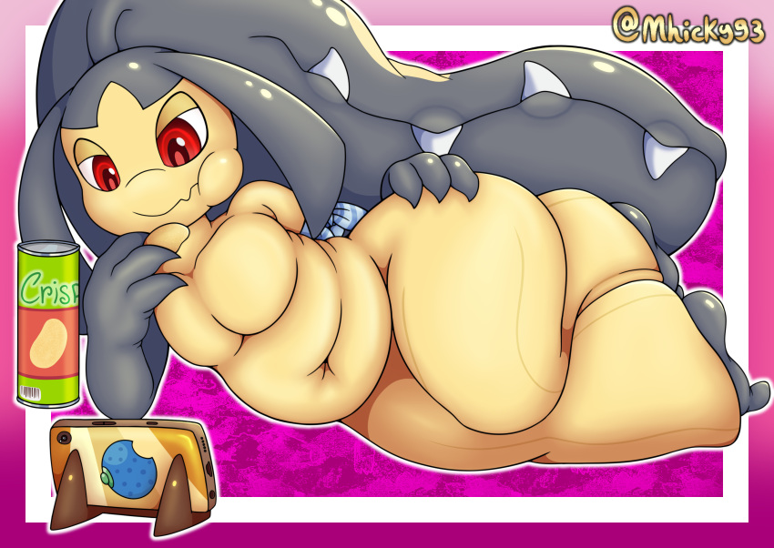 2_mouths ambiguous_gender belly bored bored_expression chips_(food) chubby_belly feral food generation_3_pokemon hi_res lying lying_on_ground mawile mhicky93 multi_mouth navel nintendo on_side phone pokemon pokemon_(species) sammie_(mhicky93) scarf slightly_chubby solo thick_thighs