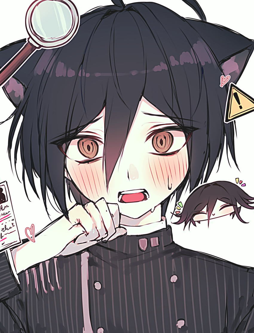 ahoge animal_ears black_hair black_jacket blush brown_eyes cat_ears danganronpa_(series) danganronpa_v3:_killing_harmony embarrassed hair_between_eyes hand_up heart highres jacket looking_at_viewer magnifying_glass open_mouth ouma_kokichi qing_yue saihara_shuuichi solo_focus striped striped_jacket sweat teeth tongue