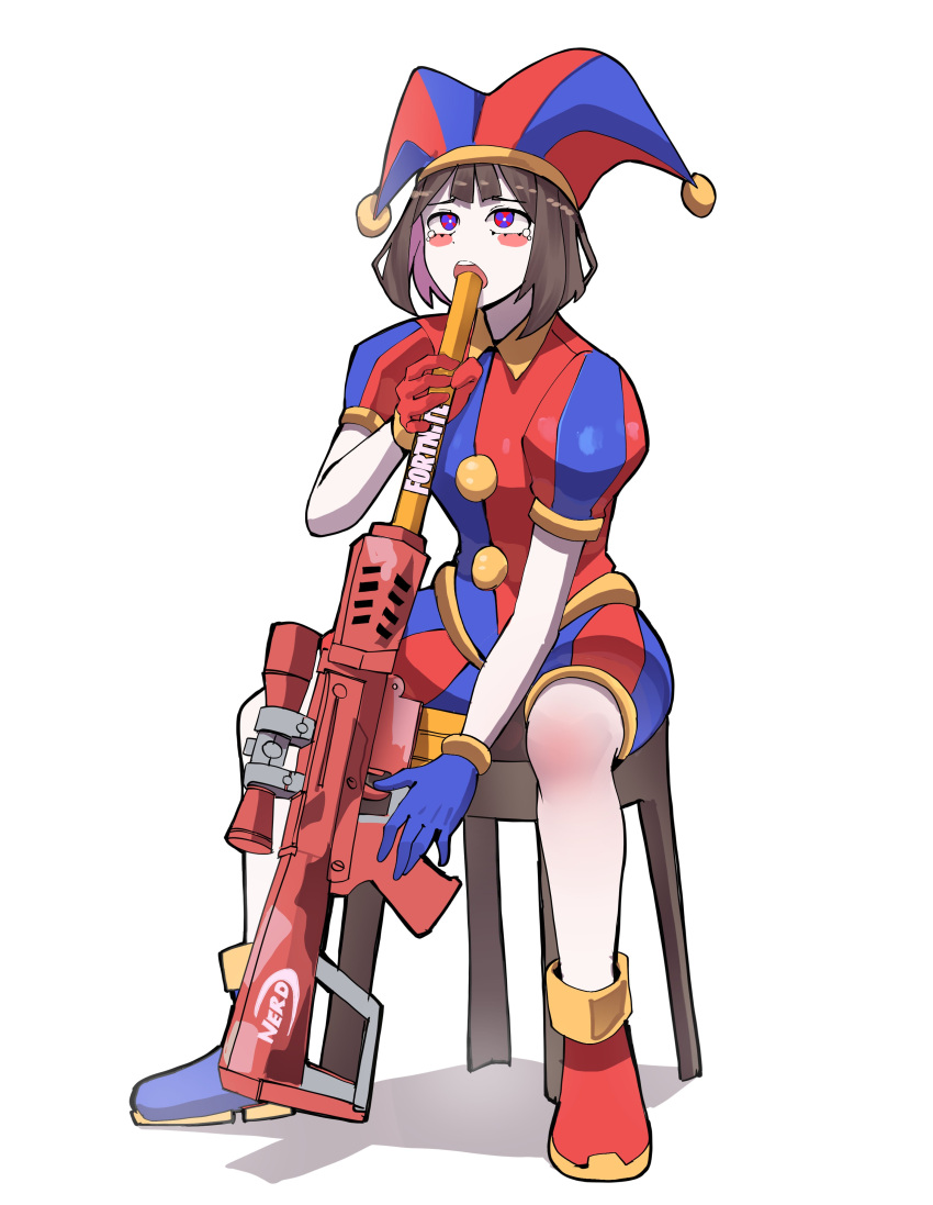 1girl absurdres asymmetrical_footwear asymmetrical_gloves blue_eyes blue_footwear blue_gloves blue_shirt blue_shorts blush_stickers brown_hair collared_shirt crying crying_with_eyes_open gar32 gloves gun gun_fellatio_(shingeki_no_kyojin) hat highres holding holding_gun holding_weapon jester jester_cap mismatched_footwear mismatched_gloves open_mouth parody pomni_(the_amazing_digital_circus) puffy_short_sleeves puffy_sleeves red_eyes red_footwear red_gloves red_shirt red_shorts scope shadow shingeki_no_kyojin shirt shoes short_sleeves shorts simple_background sitting solo tears the_amazing_digital_circus two-tone_eyes two-tone_headwear two-tone_shirt two-tone_shorts weapon white_background