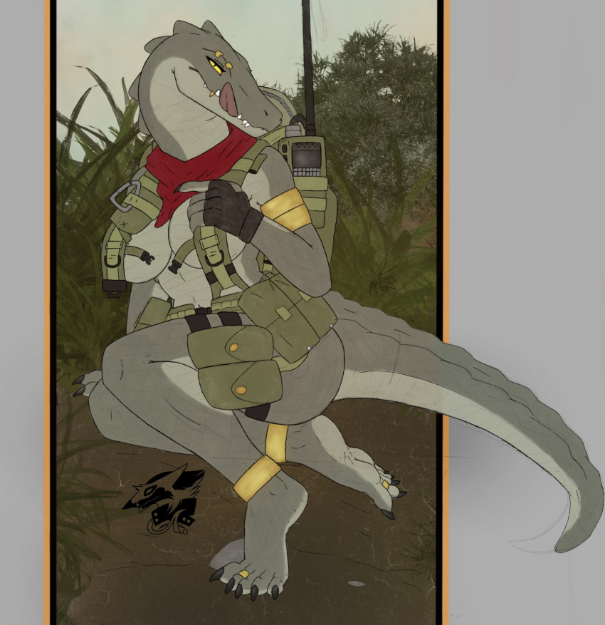 anthro backpack breasts clothed clothing crocodile crocodilian crocodylid derpwolfy18971 female hi_res neckerchief pouches reptile scalie skimpy solo