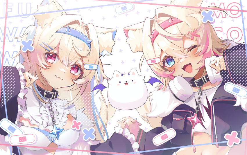 2girls ;d absurdres animal_ear_fluff animal_ears black_collar blonde_hair blue_eyes blue_hairband breasts chain closed_mouth collar crop_top cropped_jacket crossed_bangs fang fangs frilled_sleeves frills fuwawa_abyssgard hair_intakes hair_ornament hairband haruhiyo_vvv highres holding_hands hololive hololive_english looking_at_viewer medium_breasts mococo_abyssgard multicolored_hair multiple_girls nail_polish one_eye_closed pink_eyes pink_hairband skin_fang skin_fangs smile streaked_hair x_hair_ornament