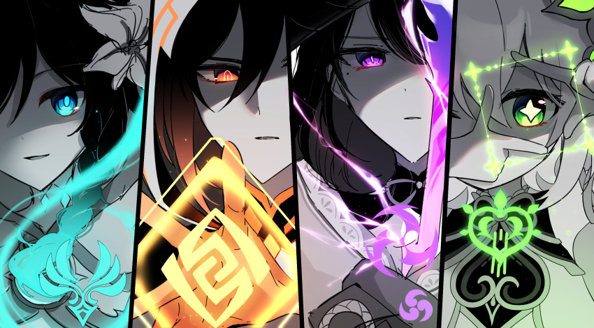 2boys 2girls anemo_symbol_(genshin_impact) arm_up bare_shoulders black_border black_hair blue_eyes blue_hair border bow bowtie braid breasts brown_hair cape covered_mouth cross-shaped_pupils dendro_symbol_(genshin_impact) detached_sleeves dress electricity electro_symbol_(genshin_impact) eyeshadow flower genshin_impact geo_symbol_(genshin_impact) gloves gradient_hair green_eyes hair_between_eyes hair_flower hair_ornament hand_up hands_up highres holding holding_sword holding_weapon hood hooded_cape japanese_clothes kimono long_hair looking_at_viewer makeup mandarin_collar medium_breasts mitsudomoe_(shape) mole mole_under_eye multicolored_hair multiple_boys multiple_girls musou_isshin_(genshin_impact) nahida_(genshin_impact) obijime official_alternate_costume one_eye_closed open_mouth orange_eyes orange_hair partially_colored purple_eyes raiden_shogun red_eyeshadow ris_0811 short_hair short_sleeves sidelocks simple_background smile sword symbol-shaped_pupils tomoe_(symbol) tongue twin_braids v-shaped_eyebrows venti_(archon)_(genshin_impact) venti_(genshin_impact) weapon white_background white_cape zhongli_(archon)_(genshin_impact) zhongli_(genshin_impact)