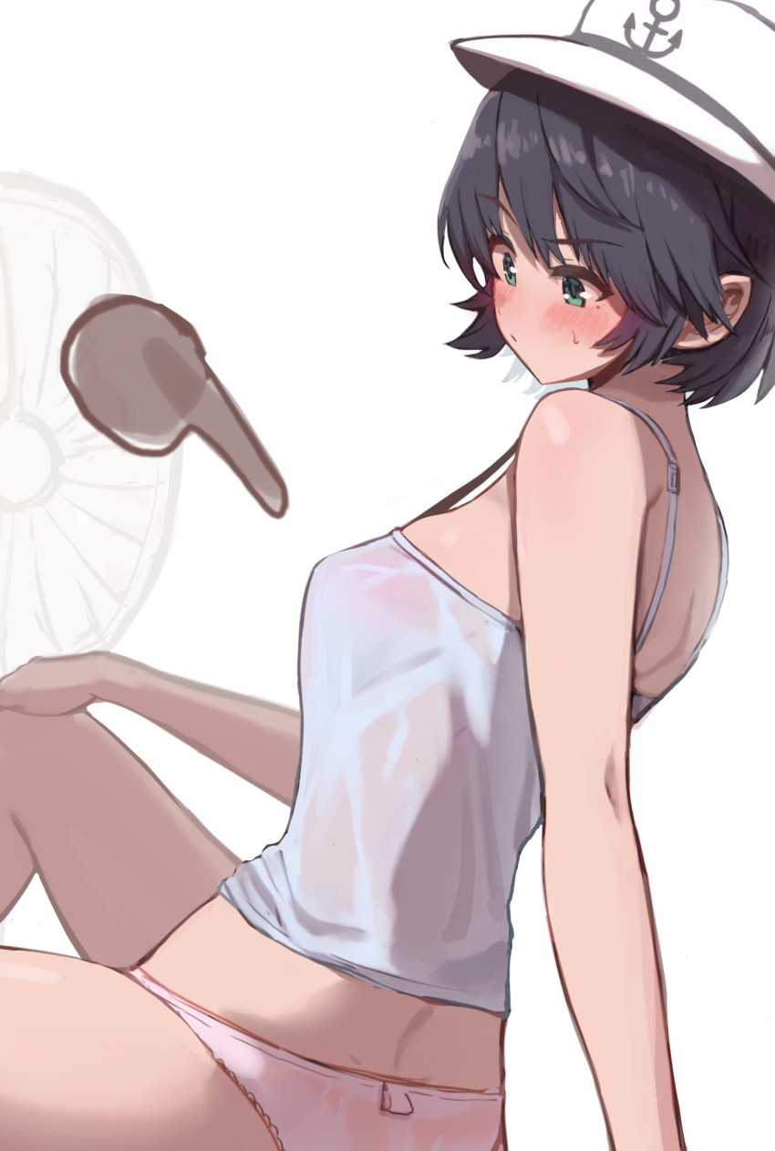 1girl absurdres alternate_costume black_hair blush camisole disembodied_limb electric_fan gomeifuku highres looking_at_hand murasa_minamitsu panties short_hair simple_background solo sweatdrop touhou underwear underwear_only wet wet_clothes wet_panties white_background white_camisole white_panties