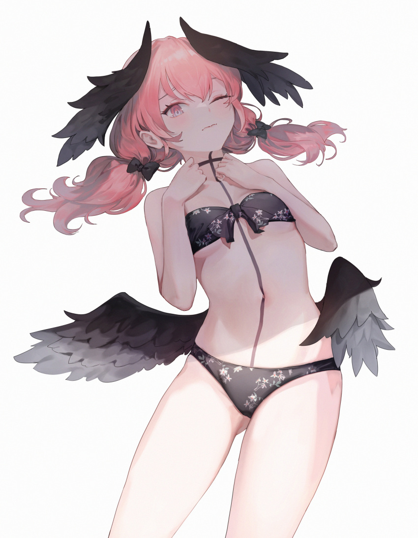 1girl absurdres ass_visible_through_thighs bare_arms bare_shoulders bbul_horn bikini black_bikini black_bow black_wings blue_archive blush bow breasts closed_mouth double-parted_bangs feathered_wings floral_print front-tie_top hair_bow halo head_wings highres koharu_(blue_archive) koharu_(swimsuit)_(blue_archive) long_hair looking_at_viewer low_twintails low_wings official_alternate_costume one_eye_closed pink_eyes pink_hair pink_halo print_bikini simple_background small_breasts solo stomach swimsuit thighs twintails white_background wings