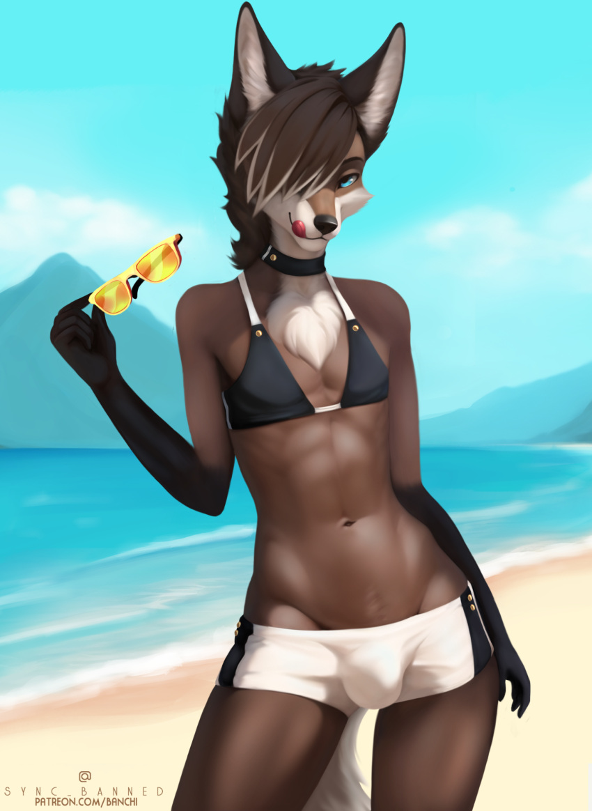 2023 anthro beach bedroom_eyes bikini bikini_top brown_body brown_fur brown_hair canid canine choker clothed clothing cloud crossdressing detailed_background digital_media_(artwork) digital_painting_(artwork) eyewear foshka fur girly gloves_(marking) hair hi_res jewelry licking licking_lips looking_at_viewer male mammal mane maned_wolf markings mountain multicolored_body multicolored_fur multicolored_hair narrowed_eyes necklace outside seaside seductive skimpy sky solo sunglasses swimwear syncbanned tan_body tan_fur tan_hair tongue tongue_out water