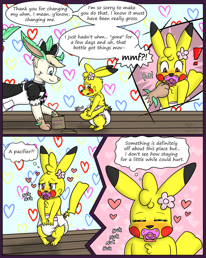 &lt;3 &lt;3_eyes absurd_res anthro blush canid canine clothing comic daycare diaper diaper_lover duo eeveelution electric_mouse embarrassed female feral floris_(hydroftt) generation_1_pokemon generation_4_pokemon grass_type happy hi_res hydroftt invalid_tag leafeon maid_uniform mammal nintendo pacifier peony_fiorello pikachu pokemon pokemon_(species) rodent shy sucking tbdl teen_baby uniform wingding_eyes