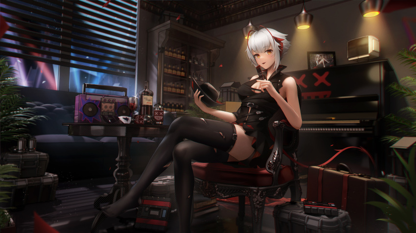 +_+ 1girl absurdres alcohol ambience_synesthesia antenna_hair arknights armchair bare_shoulders belt black_dress black_headwear black_thighhighs bottle breasts brown_eyes ceiling_light chair cleavage crossover demon_girl demon_horns demon_tail dress feet foot_out_of_frame grey_hair hat hat_removed headwear_removed highres holding holding_clothes holding_hat horns indoors instrument legs ling_dianxia looking_at_viewer medium_breasts multicolored_hair night no_shoes official_alternate_costume parted_lips piano radio red_hair shelf short_hair sitting smile solo tail thigh_strap thighhighs toes torn_clothes torn_thighhighs two-tone_hair w_(arknights) window zettai_ryouiki