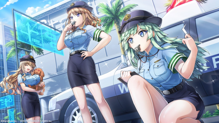 3girls animal belt blowing_whistle blue_eyes breasts car closed_eyes collared_shirt dog dolphin_wave green_hair hand_on_hip hat highres holding holding_animal holding_dog holding_whistle kirahoshi_kanna large_breasts light_brown_hair long_hair medium_breasts motor_vehicle multiple_girls official_art ootomo_takuji police police_car police_hat police_uniform policewoman purple_eyes selena_lewis shirt short_sleeves skirt suminoe_shion uniform wavy_hair whistle