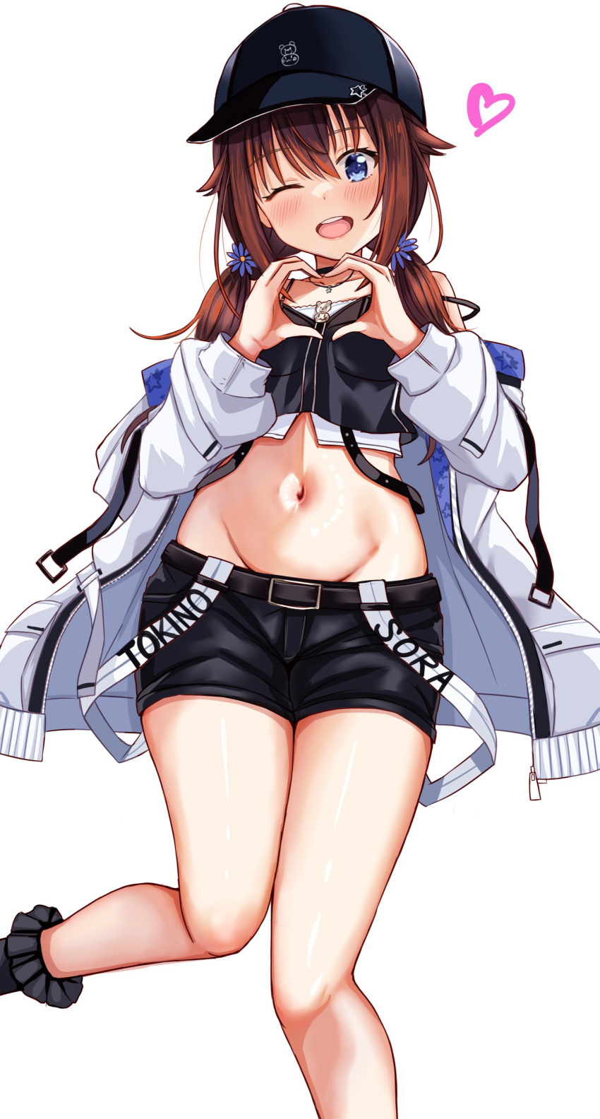 1girl ;d absurdres baseball_cap blue_eyes brown_hair choker commentary crop_top flower groin hair_flower hair_ornament hat heart heart_hands highres hololive jacket jewelry leg_up low_twintails midriff navel necklace nootomo off_shoulder one_eye_closed open_mouth shorts simple_background smile solo standing standing_on_one_leg tokino_sora twintails virtual_youtuber white_background