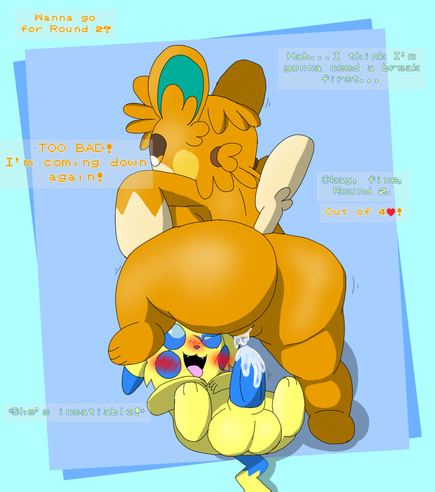 absurd_res anthro balls big_butt blue_eyes blue_penis blush breasts brown_eyes butt cute_fangs dialogue duo female female_on_top generation_1_pokemon generation_9_pokemon genitals hi_res huge_butt larger_female lying male male/female monterrioashmore nintendo on_back on_one_leg on_top pawmot penis pikachu pokemon pokemon_(species) sex size_difference sparkchu standing tangerie_the_pawmot thick_thighs tongue tongue_out