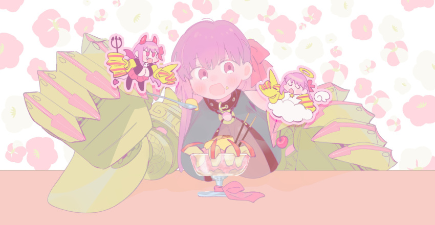 1girl angel apple apple_slice breasts cleavage demon_horns dot_nose fate/grand_order fate_(series) food fruit halo holding holding_spoon holding_trident horns huge_breasts ice_cream long_hair mechanical_arms oneroom-disco passionlip_(fate) pocky purple_hair red_hair red_horns red_ribbon ribbon shoulder_angel shoulder_devil solo_focus spoon white_wings wings yellow_halo