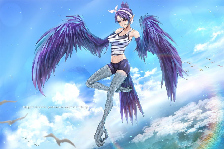 1girl bare_shoulders bird bird_legs bird_tail breasts cleavage feathers flying harpy krabby_(artist) medium_breasts midriff monster_girl navel original paid_reward_available patreon_username purple_eyes purple_feathers purple_hair purple_shorts purple_wings short_hair shorts sky smile solo striped_tank_top tail tail_feathers talons tank_top teeth winged_arms wings