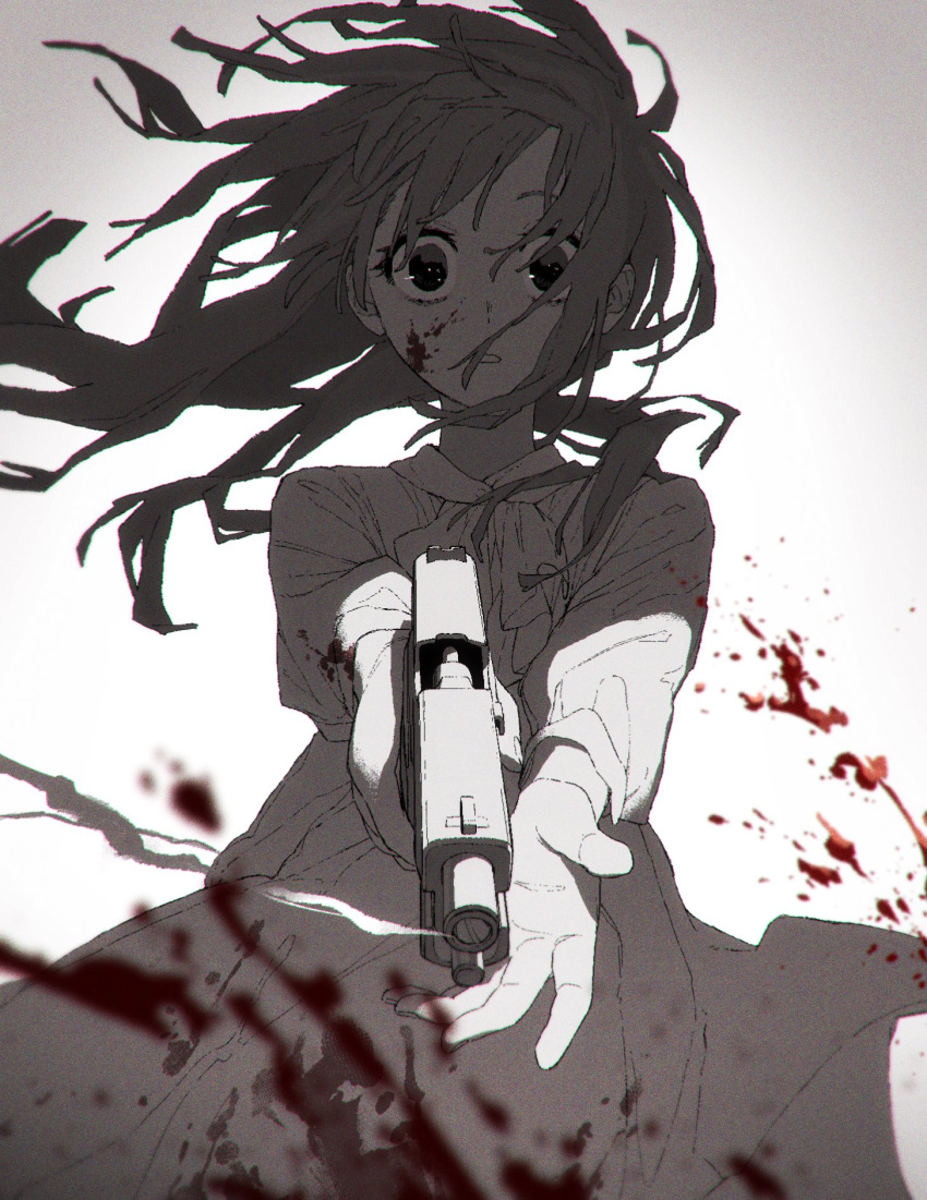 1girl aiming aiming_at_viewer arisancake ascot blood blood_on_clothes blood_on_face blood_on_hands blurry commentary_request cowboy_shot depth_of_field dress floating_hair gun hair_over_one_eye handgun highres holding holding_gun holding_weapon long_hair long_sleeves looking_at_viewer monochrome motion_blur original outstretched_arms parted_lips simple_background smoke smoke_trail solo spot_color straight-on surprised weapon