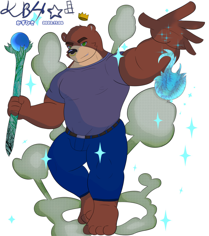 2023 absurd_res alpha_channel anthro barazoku bear brown_bear brown_body brown_fur clothed clothing crown elemental_manipulation facial_piercing fire fire_manipulation fur green_eyes grizzly_bear headgear hi_res kbh_yeen magic magician male mammal musclegut nose_piercing piercing solo sparkles steam ursine