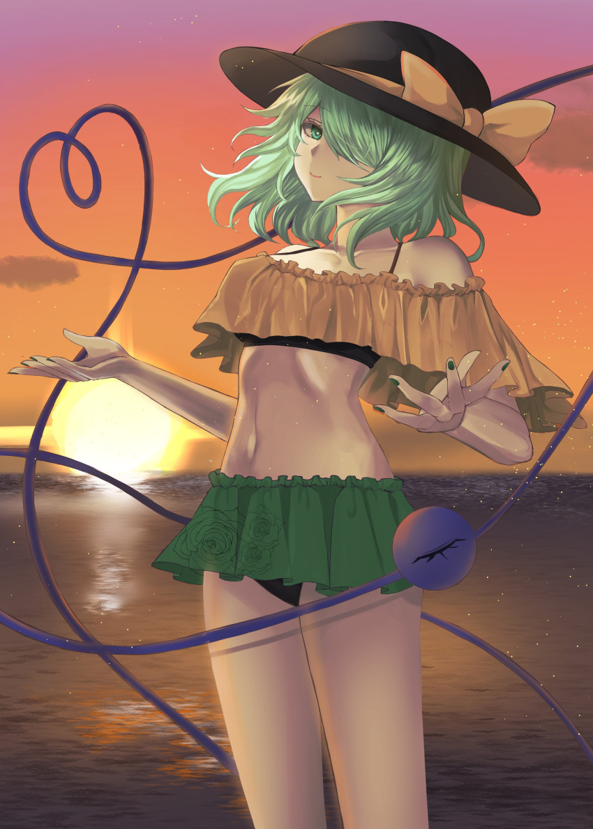 1girl absurdres bikini black_headwear bow closed_mouth cloud commentary commentary_request feet_out_of_frame frilled_bikini frills gradient_sky green_hair green_nails hair_ornament hat hat_bow heart heart_of_string highres horizon komeiji_koishi kuro_wa_shinoru looking_at_viewer sky solo standing sunset swimsuit third_eye touhou yellow_bow