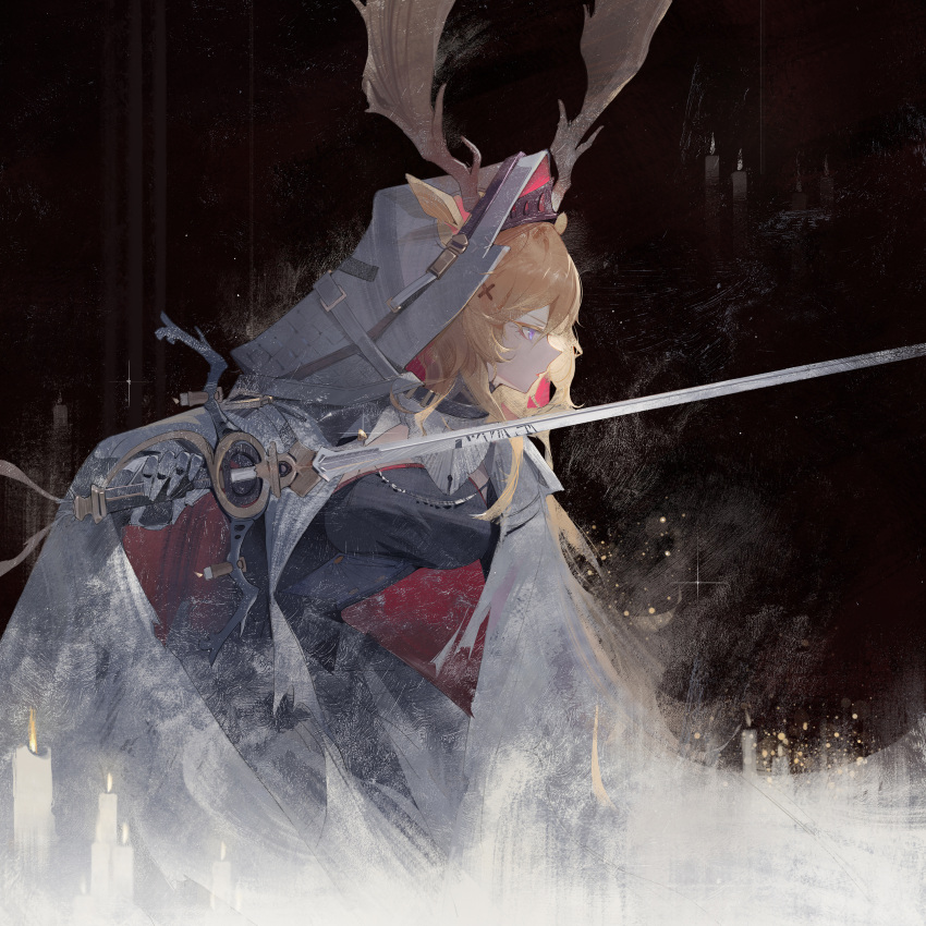 1girl absurdres animal_ears antlers antlers_through_hood arknights black_dress blonde_hair breasts candle cape chinese_commentary commentary_request deer_antlers deer_ears deer_girl dress dust ears_through_hood from_side gauntlets half-closed_eyes highres holding holding_sword holding_weapon hood hooded_cape long_hair medium_breasts ryougi_shiki_(19888096) solo sword upper_body viviana_(arknights) weapon white_cape