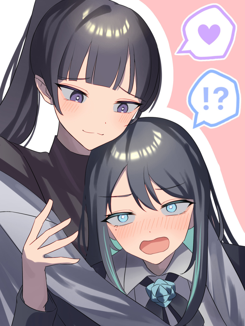 !? 2girls :3 ado_(singer) aqua_hair black_bow black_bowtie black_hair black_jacket blue_eyes blunt_bangs blush border bow bowtie collared_shirt colored_inner_hair commentary_request dual_persona grey_shirt hair_between_eyes heart heart-shaped_pupils highres hug jacket long_hair looking_at_another looking_at_viewer mole mole_under_eye multicolored_hair multiple_girls naima_(usseewa) niconico nose_blush open_mouth pink_background ponytail purple_eyes selfcest shirt sidelocks spoken_heart spoken_interrobang streaked_hair symbol-shaped_pupils tsukuno_tsuki turtleneck upper_body usseewa utaite_(singer) white_background white_border yuri