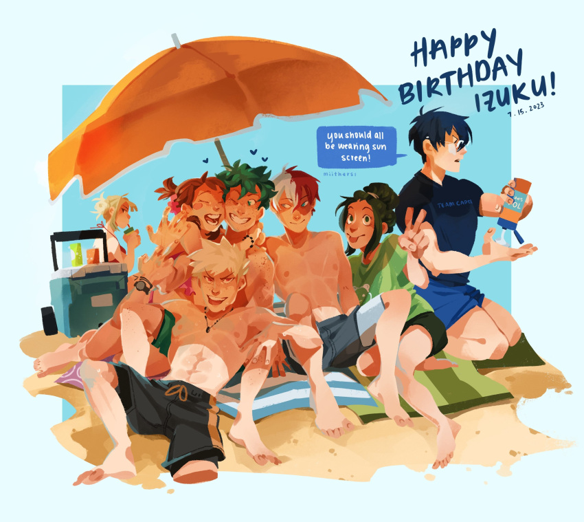 abs alternate_costume asui_tsuyu bakugou_katsuki barefoot beach beach_towel beach_umbrella black_hair black_male_swimwear black_shirt blonde_hair blue_background blue_eyes blue_shorts boku_no_hero_academia brown_hair burn_scar closed_eyes closed_mouth cooler dated english_text freckles full_body green_eyes green_hair green_shirt hair_bun happy_birthday heart highres hug iida_tenya jewelry long_hair looking_at_another lotion male_swimwear midoriya_izuku miithers multicolored_hair necklace nipples one_eye_closed open_mouth red_eyes red_hair sand scar scar_on_face shirt short_hair shorts simple_background sitting smile speech_bubble split-color_hair sunscreen swim_trunks todoroki_shouto toga_himiko tongue tongue_out topless_male towel umbrella uraraka_ochako v white_hair