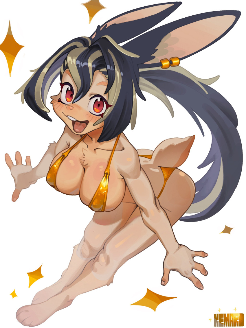 absurd_res anthro big_breasts bikini biped blue_hair breasts chest_tuft clothing ear_piercing golden_week hair hi_res highlights_(coloring) kemari kemono lagomorph leaning leaning_forward legs_together leporid long_hair looking_at_viewer mammal open_mouth open_smile orange_body piercing pink_nose ponytail rabbit red_eyes smile solo swimwear tuft white_highlights