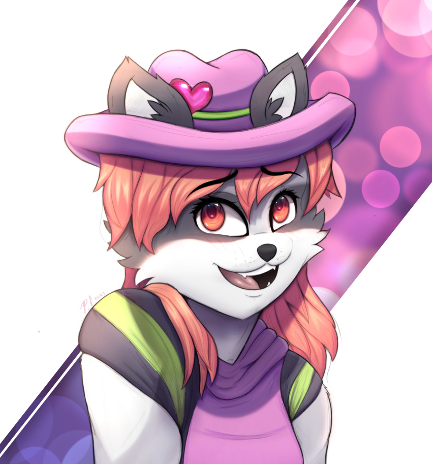 2023 anthro clothed clothing digital_media_(artwork) eyelashes female fur hair hat headgear headwear hi_res inner_ear_fluff looking_at_viewer mammal nervous nervous_smile pondfeesh procyonid raccoon shaded simple_background smile solo teeth tongue tuft