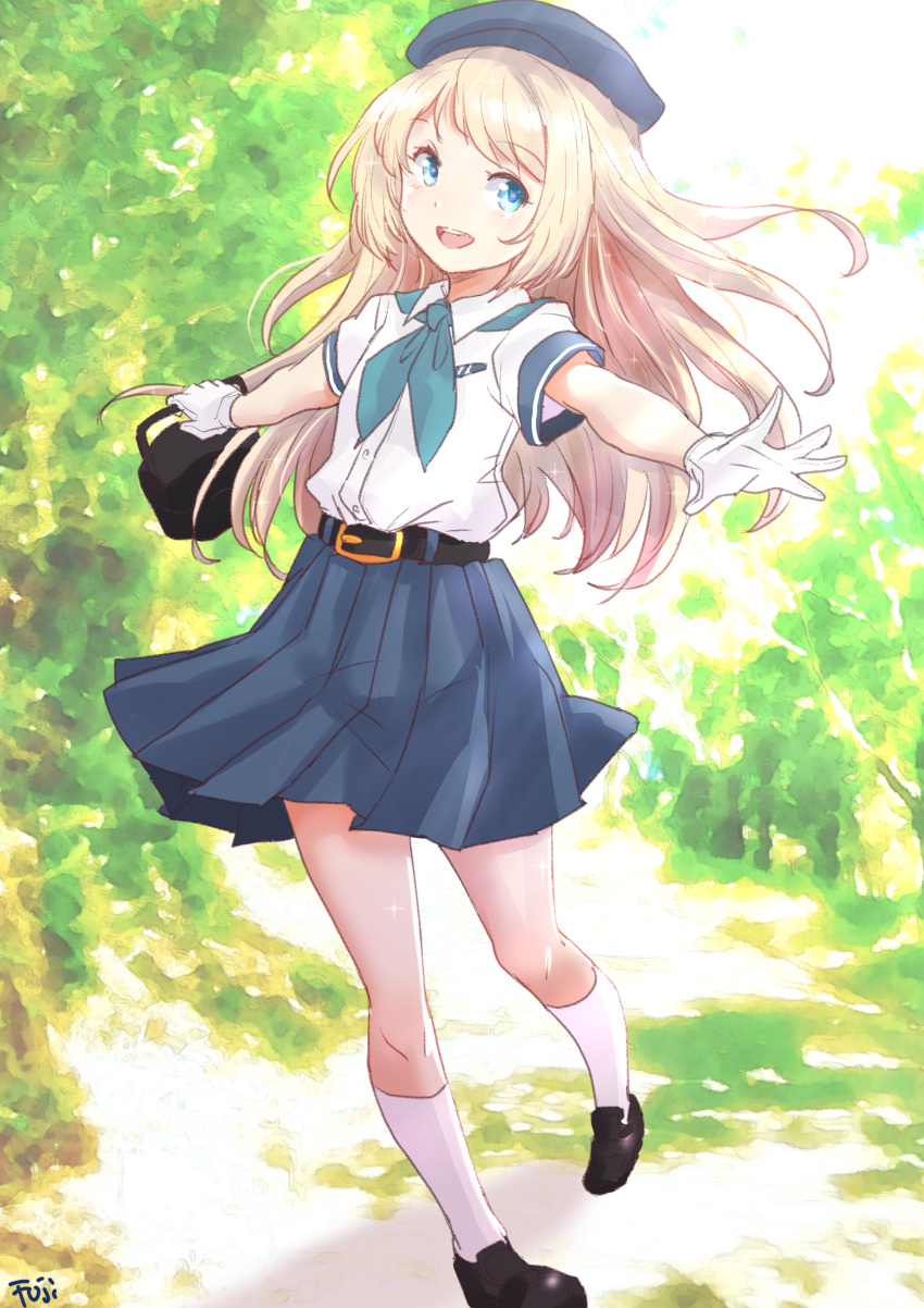 1girl belt beret black_footwear blonde_hair blue_eyes blue_headwear blue_neckerchief blue_skirt collared_shirt commentary_request cosplay dress_shirt fuji_(pixiv24804665) full_bodyjanus_(kancolle) full_bodyjanus_(kancolle)_(cosplay) hat highres jervis_(kancolle) kantai_collection loafers long_hair lunch_box neckerchief open_mouth outstretched_arms pleated_skirt round_teeth shirt shoes skirt smile socks solo teeth upper_teeth_only white_shirt white_socks