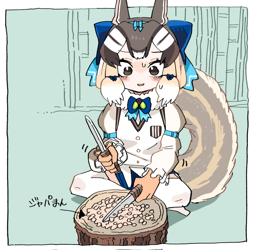 1girl absurdres animal_ears brown_eyes brown_hair chipmunk_ears chipmunk_girl chipmunk_tail extra_ears gloves golden_kamuy highres kanmoku-san kemono_friends kemono_friends_v_project kneehighs knife microphone parody ribbon shirt short_hair shorts siberian_chipmunk_(kemono_friends) simple_background socks solo sweat tail vest virtual_youtuber