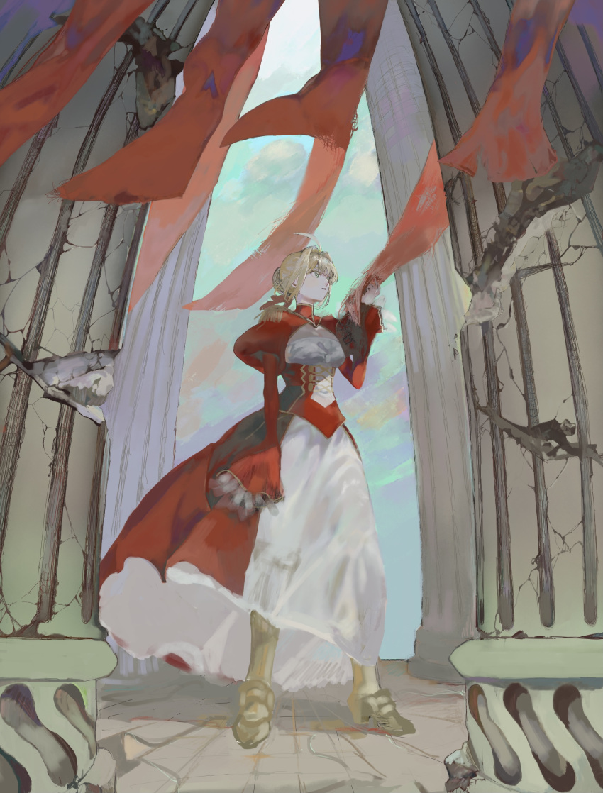 1girl absurdres ahoge armored_boots blonde_hair boots bow braid cloud epaulettes fate/extra fate_(series) french_braid full_body green_eyes hair_bow highres nero_claudius_(fate) nero_claudius_(fate/extra) onikutamago pillar puffy_sleeves red_bow see-through sky solo wind