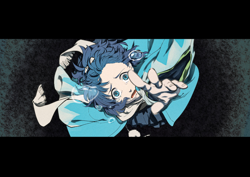 1boy aqua_hair arm_up blue_eyes blue_hair blue_theme blurry commentary crying depth_of_field falling fingernails floating_clothes floating_hair floating_scarf from_above haori haori_himo highres japanese_clothes letterboxed long_sleeves looking_at_viewer looking_up male_focus open_mouth pom_pom_(clothes) ponytail rawshirasudon reaching reaching_towards_viewer scarf shinsengumi short_hair solo touken_ranbu white_scarf wide-eyed wide_sleeves yamato-no-kami_yasusada