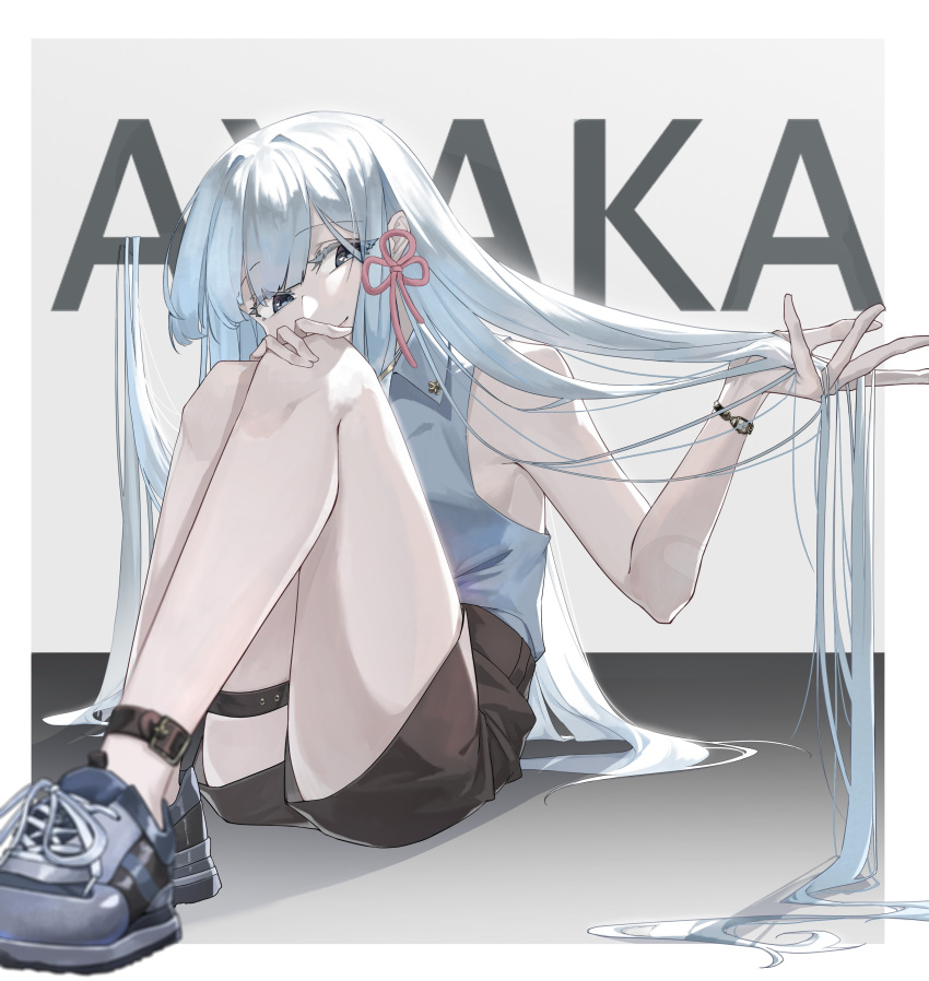 1girl absurdres alternate_costume ankle_belt baiyinzhideng bare_shoulders belt black_shorts blue_footwear blunt_bangs border casual character_name collared_shirt flower_knot genshin_impact grey_eyes grey_shirt hand_on_own_knee highres kamisato_ayaka knees_up on_floor playing_with_own_hair shirt shoes shorts sitting sleeveless sleeveless_shirt solo thigh_belt thigh_strap watch white_border white_hair wristwatch