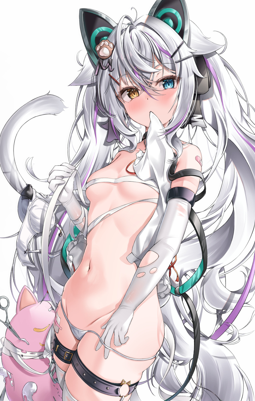 1girl absurdres animal_ears blue_eyes bra bra_removed breasts cat_ears cat_girl cat_tail elbow_gloves fake_animal_ears gloves heterochromia highres leash long_hair mouth_hold navel nekoya_minamo original panties scissors small_breasts solo stomach string_panties stuffed_animal stuffed_cat stuffed_toy tail thigh_strap torn_clothes torn_gloves twintails underwear very_long_hair white_gloves white_hair white_panties yellow_eyes