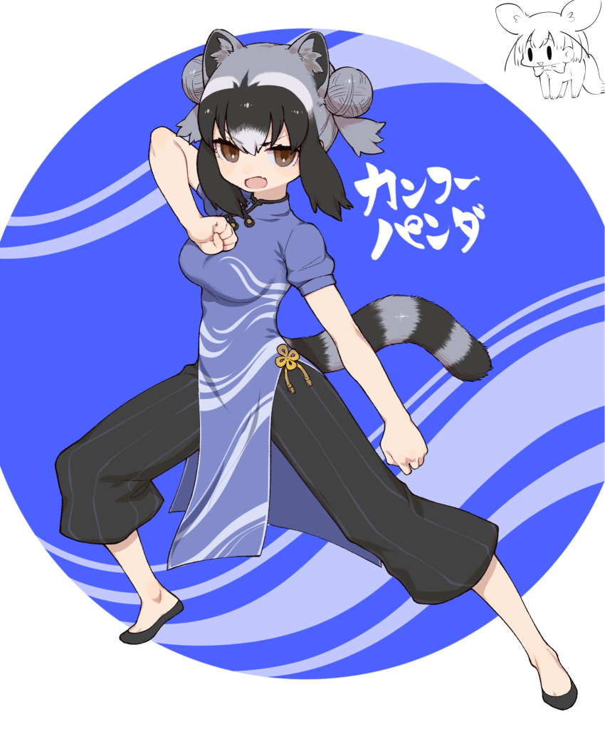 1girl animal_ears black_hair blue_background brown_eyes chinese_clothes common_raccoon_(kemono_friends) extra_ears grey_hair highres kemono_friends long_hair looking_at_viewer multicolored_hair notora open_mouth pants raccoon_ears raccoon_girl raccoon_tail shoes simple_background tail two-tone_hair