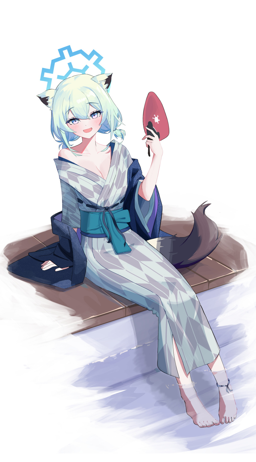 1girl absurdres animal_ears ankle_ribbon aqua_hair barefoot blue_archive blue_coat blue_eyes breasts cleavage coat collarbone commentary_request feet foot_bath full_body gradient_eyes grey_kimono halo hand_fan highres holding holding_fan japanese_clothes kimono korean_commentary leg_ribbon loais looking_at_viewer low_twintails medium_breasts medium_hair multicolored_eyes obi off_shoulder onsen open_clothes open_coat open_mouth paper_fan purple_eyes ribbon sash shigure_(blue_archive) shigure_(hot_spring)_(blue_archive) sitting smile solo tail toes twintails weasel_ears weasel_girl weasel_tail yagasuri