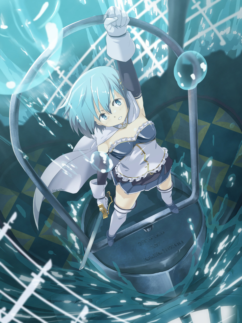 1girl absurdres ankle_boots arm_up blue_eyes blue_footwear blue_hair blue_skirt boots breasts cape clenched_teeth elbow_gloves from_above gloves guyca_braves hair_ornament highres magical_girl mahou_shoujo_madoka_magica medium_breasts miki_sayaka musical_note musical_note_hair_ornament short_hair skirt solo teeth thighhighs water water_drop white_cape white_gloves white_thighhighs zettai_ryouiki