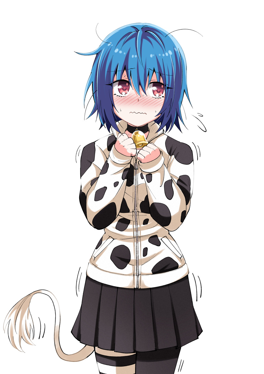 1girl absurdres animal_print asymmetrical_legwear bell black_skirt black_thighhighs blue_hair blush closed_mouth cow_girl cow_print cow_tail flying_sweatdrops highres hood hoodie jashin-chan_dropkick long_sleeves looking_at_viewer messy_hair minos_(jashin-chan_dropkick) mismatched_legwear neck_bell pleated_skirt red_eyes short_hair simple_background single_thighhigh skirt solo tail thigh_strap thighhighs white_background yuuki_shushu