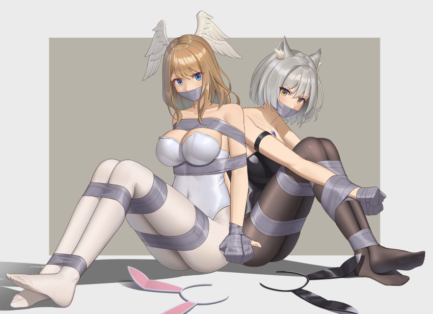 2girls absurdres alternate_costume animal_ear_fluff animal_ears arms_behind_back bare_shoulders bdsm black_leotard black_pantyhose blue_eyes blush bondage bound bound_arms bound_legs breasts brown_background brown_hair cat_ears cleavage collarbone commission covered_navel eunie_(xenoblade) fake_animal_ears full_body gag grey_hair hairband_removed head_wings highres improvised_gag knees_up large_breasts leotard long_hair looking_at_viewer mio_(xenoblade) multiple_girls no_shoes pantyhose playboy_bunny rabbit_ears short_hair sitting strapless strapless_leotard tape tape_bondage tape_gag two-tone_background v-shaped_eyebrows white_background white_leotard white_pantyhose wings wo_cao_xiao xenoblade_chronicles_(series) xenoblade_chronicles_3 yellow_eyes