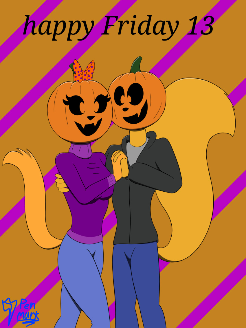 absurd_res anthro cartoon female food friday_the_13th fruit furry halloween hi_res holidays jack-o'-lantern male mask penmark25! plant pumpkin pumpkin_head