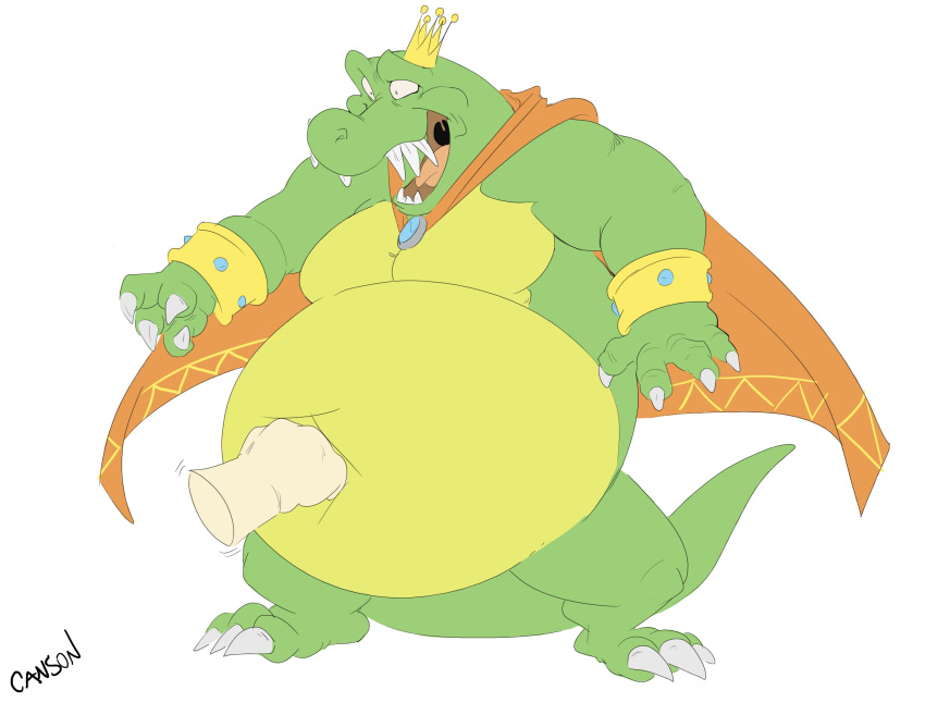 2023 absurd_res anthro belly belly_punching big_belly canson cape cape_only claws clothing crocodilian crown disembodied_hand donkey_kong_(series) fangs green_body green_skin headgear hi_res jewelry king_k._rool kremling male mostly_nude nintendo open_mouth overweight overweight_male plantigrade punch reptile scalie sharp_teeth signature simple_background solo teeth white_background yellow_body yellow_skin
