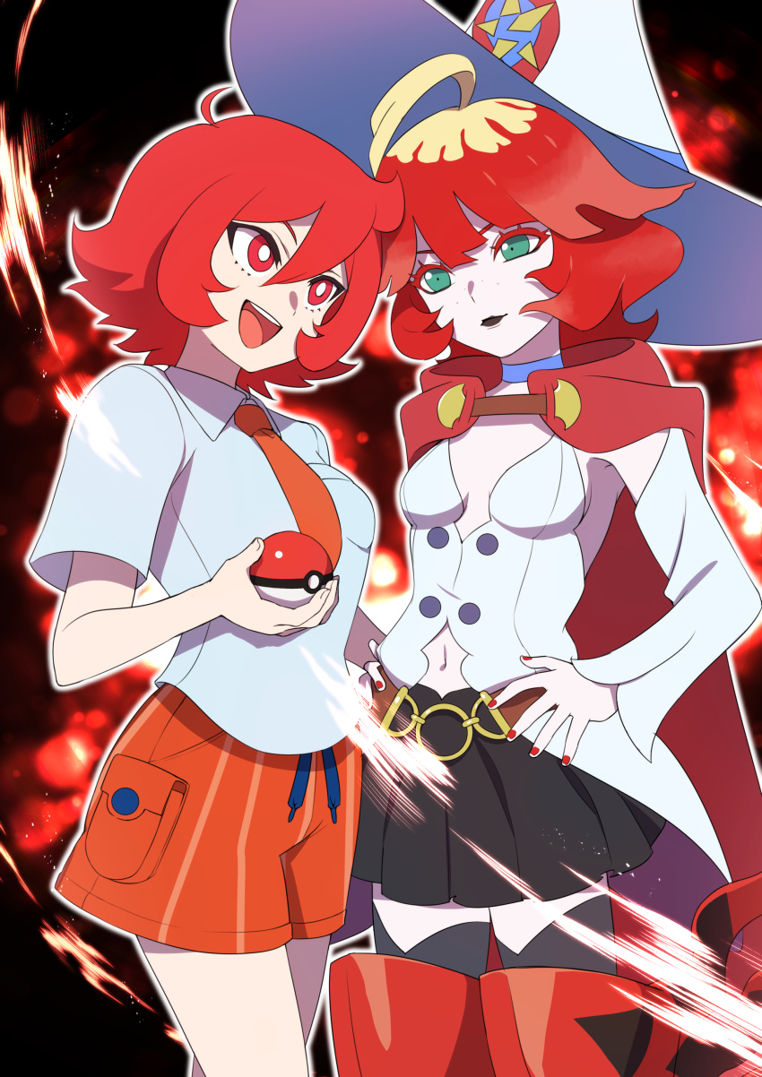 2girls :d absurdres arikindows10 blonde_hair boots breast_pocket bright_pupils collared_shirt colored_eyelashes commentary_request commission cosplay costume_switch crossover freckles green_eyes hand_on_own_hip hat highres holding holding_poke_ball lipstick little_witch_academia makeup mela_(pokemon) multicolored_hair multiple_girls navel necktie open_mouth orange_necktie orange_shorts outline pixiv_commission pleated_skirt pocket poke_ball poke_ball_(basic) pokemon pokemon_(game) pokemon_sv red_eyes red_footwear red_hair school_uniform shiny_chariot shirt short_sleeves shorts skirt smile teeth thigh_boots tongue two-tone_hair upper_teeth_only white_headwear white_pupils witch_hat