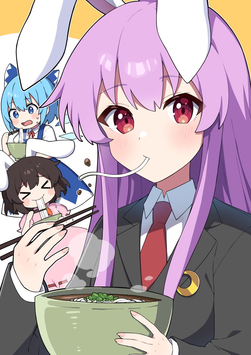 &gt;_&lt; 3girls absurdres animal_ears black_hair black_jacket blazer blue_bow blue_dress blue_hair blush bow bowl chopsticks cirno closed_mouth collared_shirt crescent crescent_pin detached_wings dress eating fairy fingernails food hair_bow highres holding holding_chopsticks ice ice_wings inaba_tewi jacket light_purple_hair long_hair long_sleeves looking_at_viewer miz_(mizillustration) multiple_girls necktie noodles open_mouth pinafore_dress pink_dress rabbit_ears red_eyes red_necktie reisen_udongein_inaba shirt short_hair short_sleeves sleeveless sleeveless_dress smile touhou udon white_shirt wings