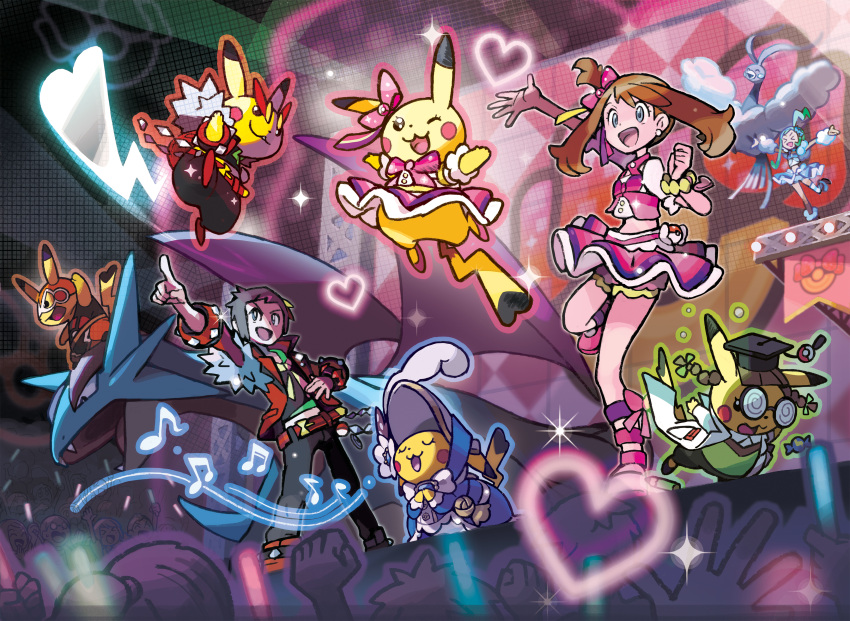 &gt;_&lt; 1boy 2girls @_@ absurdres altaria alternate_costume arm_warmers audience bow brendan_(pokemon) brown_hair closed_eyes clothed_pokemon contest cosplay cosplay_pikachu glasses hair_bow hat heart highres lisia_(pokemon) mask may_(pokemon) midriff multiple_girls music musical_note official_art oomura_yuusuke open_mouth photoshop_(medium) pikachu pikachu_belle pikachu_libre pikachu_phd pikachu_pop_star pikachu_rock_star pokemon pokemon_(creature) pokemon_(game) pokemon_oras salamence short_ponytail side_ponytail sidelocks singing