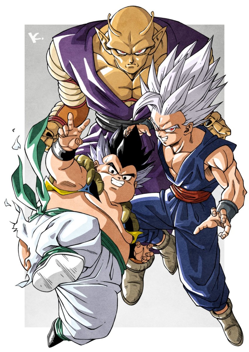 3boys antennae bald black_eyes black_hair blue_jumpsuit bracelet brown_footwear dragon_ball dragon_ball_super dragon_ball_super_super_hero fat_gotenks gohan_beast gotenks highres jewelry jumpsuit kakeru_(dbskakeru) looking_at_viewer multicolored_hair multiple_boys muscular muscular_male orange_piccolo pants piccolo pointy_ears purple_jumpsuit red_eyes shoes simple_background sleeveless son_gohan spiked_hair toriyama_akira_(style) torn_clothes two-tone_hair v white_hair white_pants