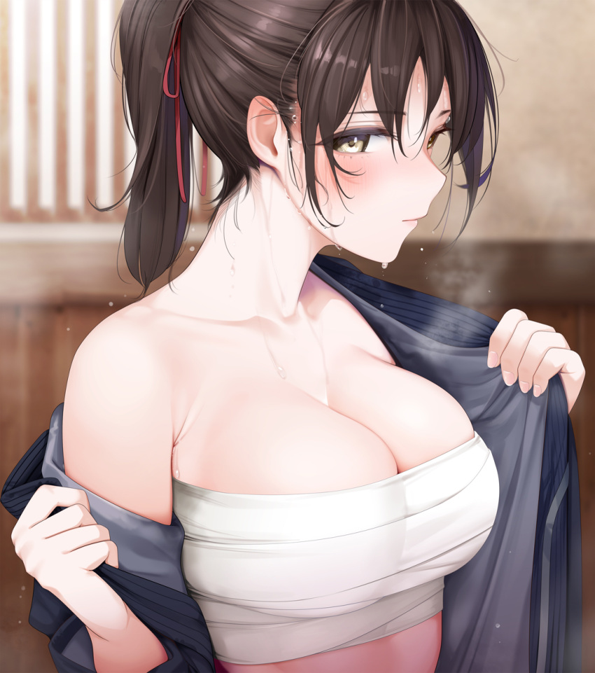 1girl blush breasts brown_hair chest_sarashi cleavage collarbone fed_(giba) highres indoors large_breasts looking_at_viewer original ponytail sarashi sideways_glance solo sweat undressing upper_body