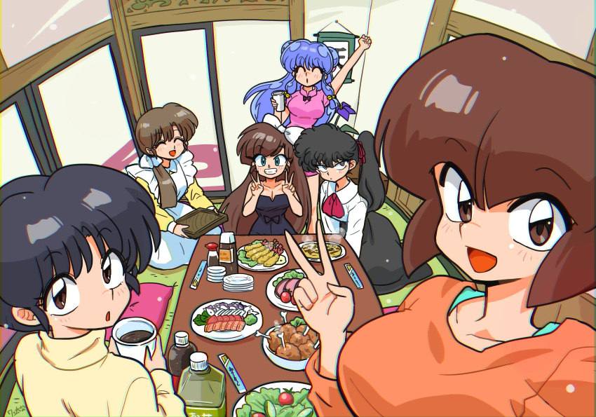 6+girls :d :o ^_^ apron aqua_shirt architecture arm_up artist_name ascot bell black_dress black_hair black_skirt blunt_bangs blunt_ends blush bob_cut bottle bow bowtie breasts bright_pupils brown_eyes brown_hair cheering china_dress chinese_clothes chopsticks cleavage clenched_hand closed_eyes collarbone commentary cucumber cup cushion dining_room double_bun double_v dress drink east_asian_architecture fish_(food) food fried_chicken frilled_apron frills from_above from_behind group_picture hair_bell hair_bow hair_bun hair_ornament hair_over_shoulder hair_ribbon half-closed_eyes hanging_scroll highres holding holding_cup holding_drink iced_tea indoors inverted_bob jingle_bell jitome kunou_kodachi kuonji_ukyou large_breasts long_hair long_sleeves looking_at_viewer looking_back looking_up medium_breasts multiple_girls octopus okonomiyaki orange_sweater pink_dress ponytail purple_bow purple_bowtie purple_hair ranma_1/2 red_ascot red_ribbon ribbon salad sashimi sauce school_uniform scroll seiza selfie shampoo_(ranma_1/2) shirt short_dress short_hair shouji shrimp shrimp_tempura sidelocks signature sitting skirt sleeveless sleeveless_dress sliding_doors smile steam steaming_food sushi sweater table tatami tempura tendou_akane tendou_kasumi tendou_nabiki tomato tray turtleneck turtleneck_sweater v wanta_(futoshi) white_apron white_bow white_pupils white_ribbon white_shirt yellow_dress yellow_sweater