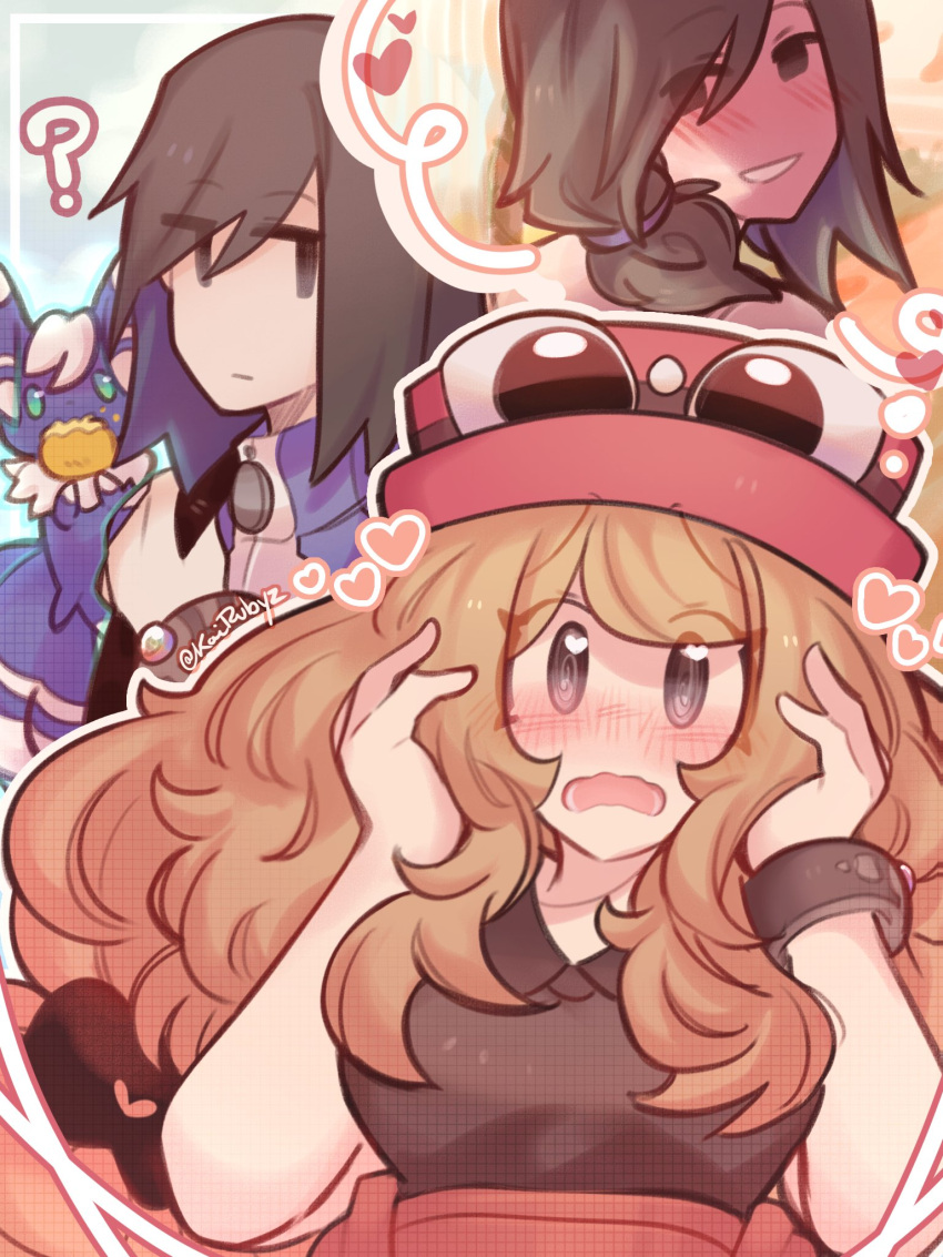 1boy 1girl blonde_hair blush brown_hair calem_(pokemon) couple hat highres kairubyz lovestruck meowstic pokemon pokemon_(game) pokemon_xy serena_(pokemon) sleeveless sunglasses