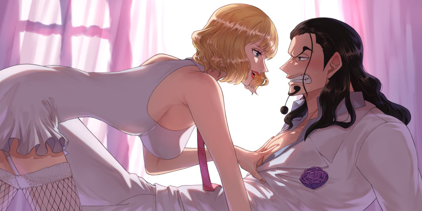 1boy 1girl black_hair blonde_hair blue_eyes blush breasts clenched_teeth curly_hair curtains dress eyelashes facial_hair fishnet_thighhighs fishnets flower formal frilled_dress frills garter_straps goatee hand_on_another's_chest highres indoors large_breasts long_hair looking_at_another lying medium_hair muscular muscular_male on_back one_piece open_clothes open_mouth purple_flower purple_rose red_lips rob_lucci rose short_dress sideboob sleeveless sleeveless_dress stussy_(one_piece) suit sweatdrop teeth thighhighs ult_erimaki white_dress white_garter_straps white_suit
