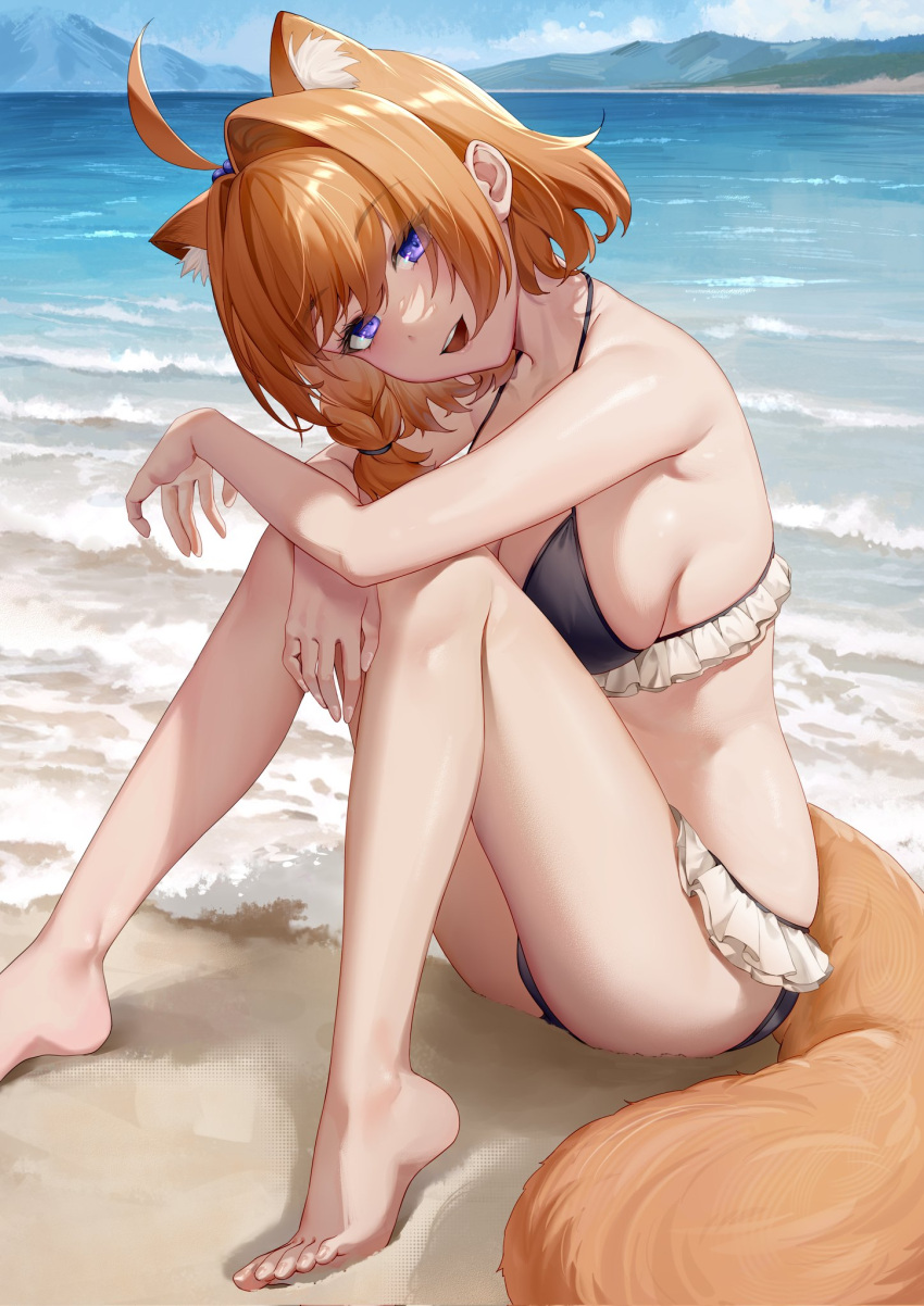 1girl ahoge animal_ears ass bare_arms bare_legs bare_shoulders barefoot beach bikini black_bikini breasts character_request cleavage extra_ears feet fox_ears fox_girl fox_tail frilled_bikini frills halterneck highres illian-san indie_virtual_youtuber knees_up looking_at_viewer medium_breasts medium_hair open_mouth orange_hair outdoors purple_eyes sitting smile solo string_bikini swimsuit tail thighs toes virtual_youtuber water