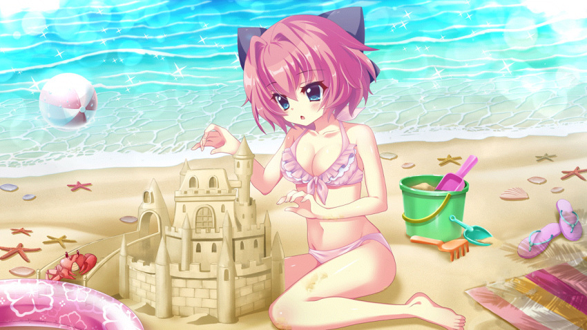 1girl ball barefoot beach beach_towel beachball bikini blue_eyes bow breasts bucket cleavage crab film_grain flip-flops floral_print frilled_bikini_top front-tie_bikini_top front-tie_top game_cg groin hair_bow hair_intakes hiiragi_kae innertube izumi_tsubasu large_breasts lens_flare non-web_source ocean official_art open_mouth pink_bikini pink_hair pink_innertube purple_bow rake re:stage! sand sand_castle sand_sculpture sandals sandals_removed seashell shell short_hair shovel solo sparkle starfish stomach swimsuit towel transparent_innertube