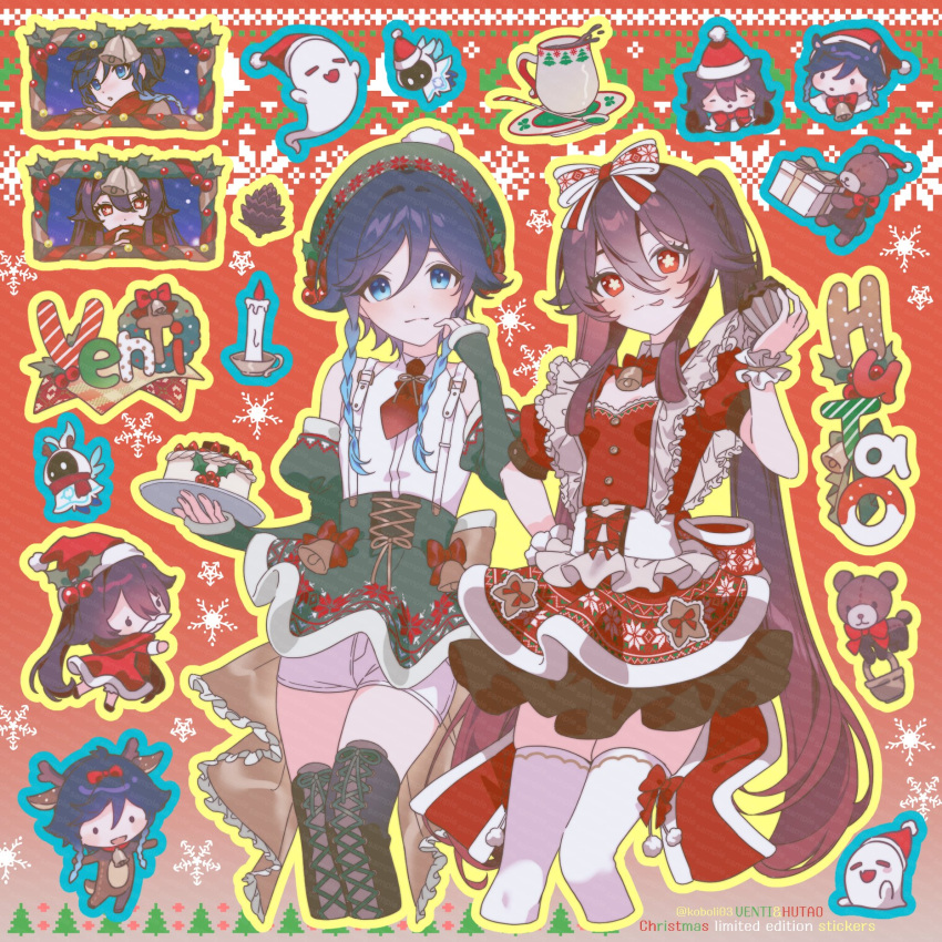 1boy 1girl alternate_costume black_footwear black_hair blue_eyes blue_hair boo_tao_(genshin_impact) boots bow box braid brown_hair candle character_name chibi christmas christmas_wreath cross-laced_footwear cup dress elemental_(creature) fake_facial_hair fake_mustache flower-shaped_pupils food genshin_impact ghost gift gift_box gradient_hair hair_between_eyes hair_bow hat highres holding hu_tao_(genshin_impact) kkopoli lace-up_boots long_hair multicolored_hair multiple_views nameless_bard_(genshin_impact) open_mouth otoko_no_ko pom_pom_(clothes) red_eyes santa_hat sidelocks stuffed_animal stuffed_toy symbol-shaped_pupils teddy_bear thigh_boots thighhighs tongue twin_braids twintails venti_(genshin_impact) very_long_hair white_thighhighs wreath