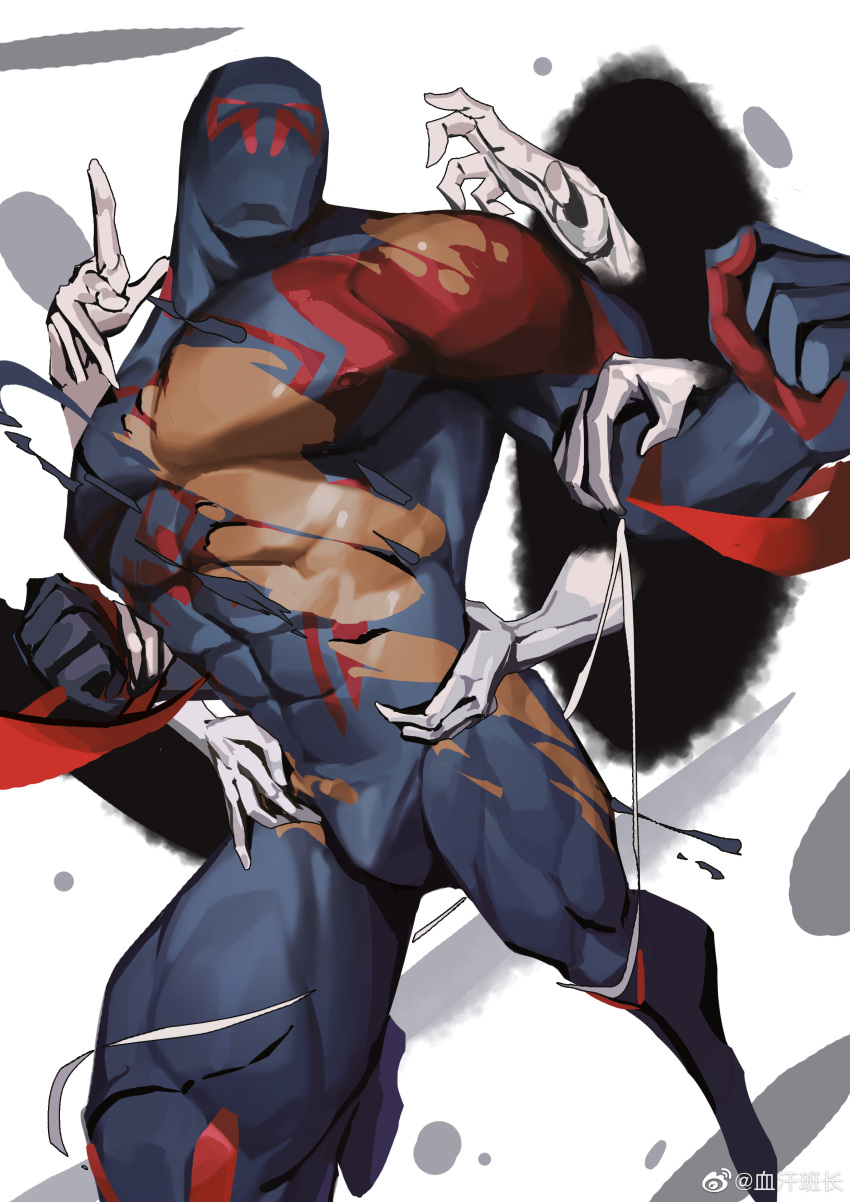 1boy absurdres bara blue_bodysuit bodysuit clenched_hands covered_abs covered_nipples dark-skinned_male dark_skin groping highres large_pectorals male_focus marvel mask miguel_o'hara muscular muscular_male my_eight pectorals red_bodysuit spider-man:_across_the_spider-verse spider-man_(2099) spider-man_(series) spider-verse torn_bodysuit torn_clothes two-tone_bodysuit weibo_username