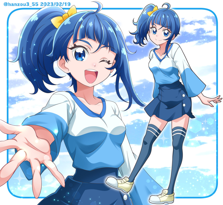 1girl ;d ahoge blue_border blue_eyes blue_hair blue_shirt blue_skirt blue_thighhighs border bow closed_mouth commentary dated diagonal_bangs double_horizontal_stripe foreshortening hair_bow hanzou highres hirogaru_sky!_precure long_sleeves looking_at_viewer medium_hair miniskirt multiple_views one_eye_closed open_mouth outside_border precure reaching reaching_towards_viewer rounded_corners shirt shoes side_ponytail single_sidelock skirt smile sneakers sora_harewataru standing teeth thighhighs twitter_username upper_teeth_only v-neck yellow_bow yellow_footwear zettai_ryouiki